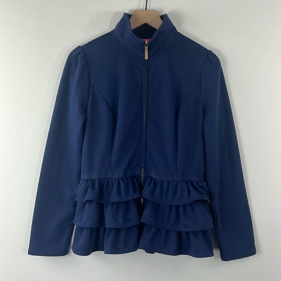 Lilly Pulitzer Jackets & Blazers - Lilly Pulitzer Azela Ruffle Fleece Lined Navy Blue Zip Jacket Womens Size M